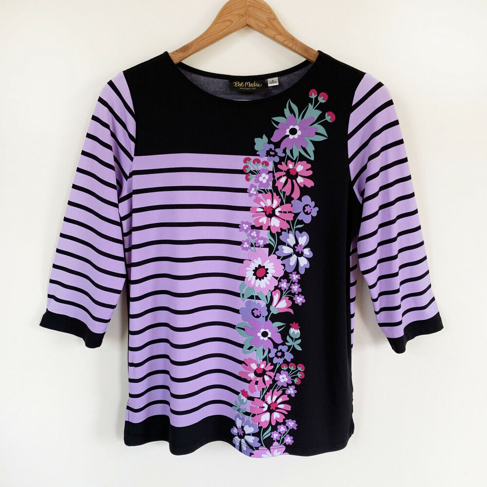 Bob Mackie Wearable Art Top Womens Small Floral Stripe 3/4 Sleeve Stretch